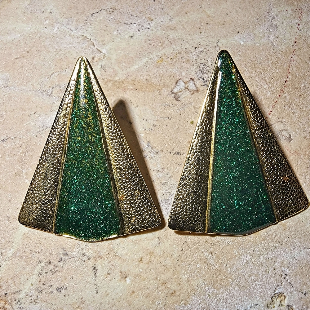 Vintage 80s does 30 sparkle glitter green and gold post earrings - Picture 2 of 8